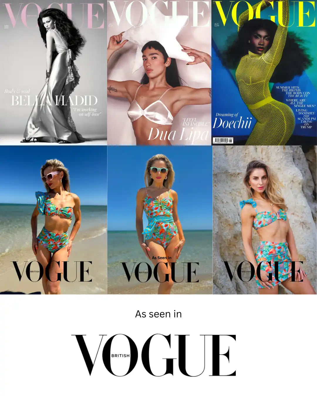 A collage of six images, three featuring celebrities on Vogue magazine covers and three featuring a woman modeling floral swimwear, with the ’British Vogue’ logo below.