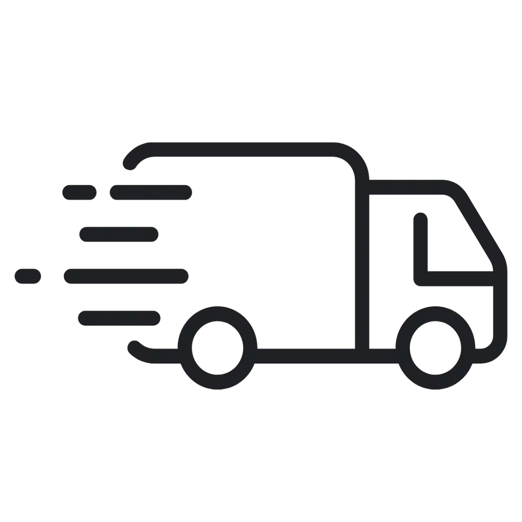Black delivery truck icon with white wheels and lines suggesting motion.