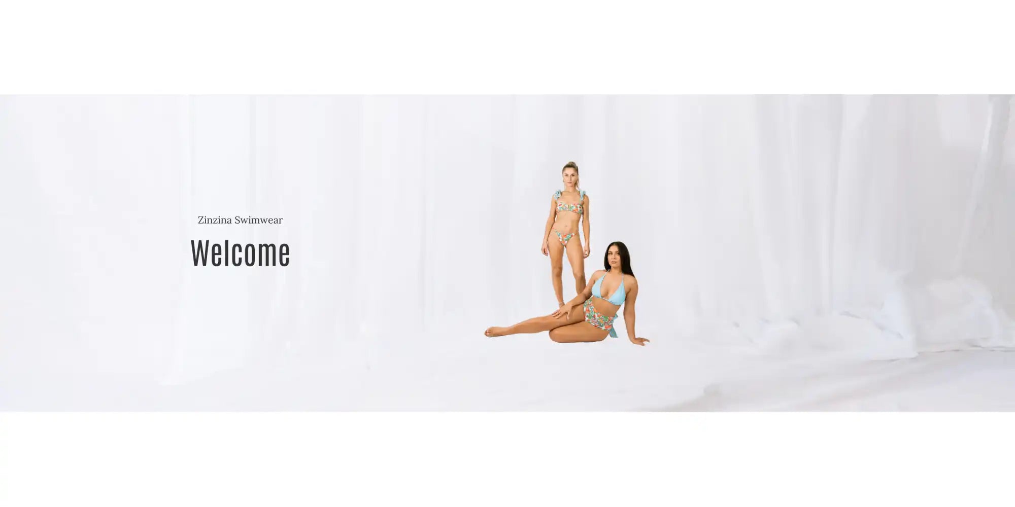 Minimalist website header banner with ’welcome’ text and two figures in neutral tones.
