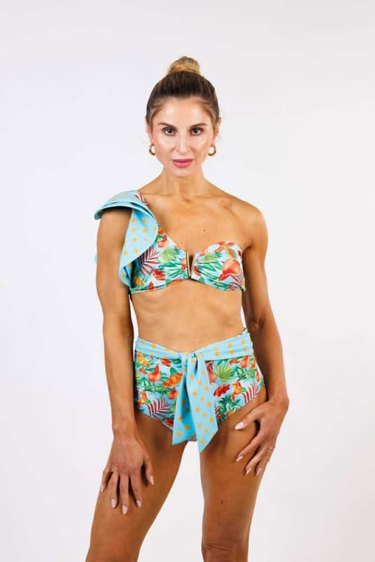 Model wearing the Polka Dot Head Wrap by Zinzina Swimwear, styled with the Dolce Far Niente Collection for an elevated resort look.