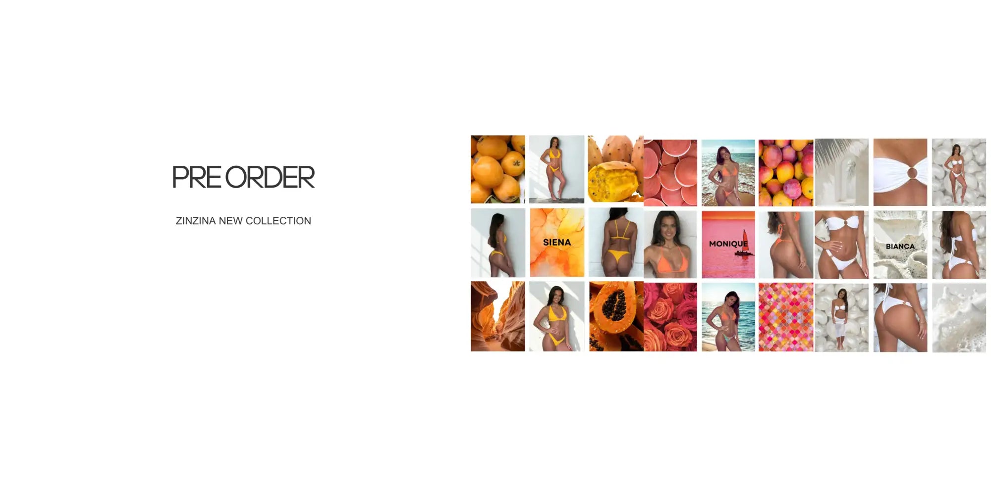 Zinzina new collection pre-order promotional collage featuring models in bikinis with tropical and fruit-themed imagery.