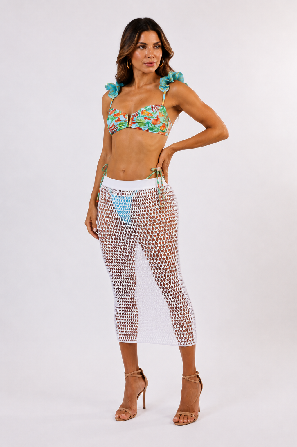 Model walking in the Luna Crochet Skirt by Zinzina, showing how the piece moves.