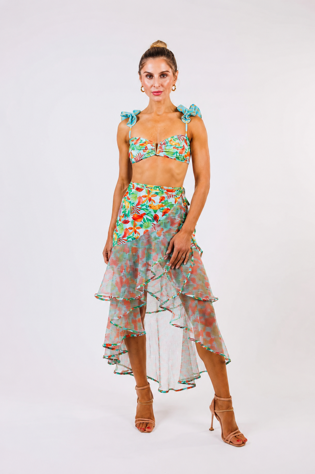 Sofia Wrap Skirt by Zinzina Swimwear — elegant swim cover-up, front view in Mediterranea print.